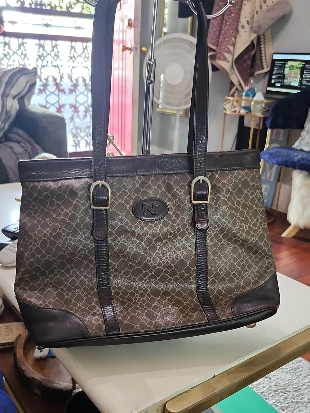 Nina Ricci Brown Patterned Leather-Trim Tote Vintage Leather & Coated Canvas